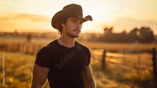 A man in a cowboy hat stands in a field at sunset