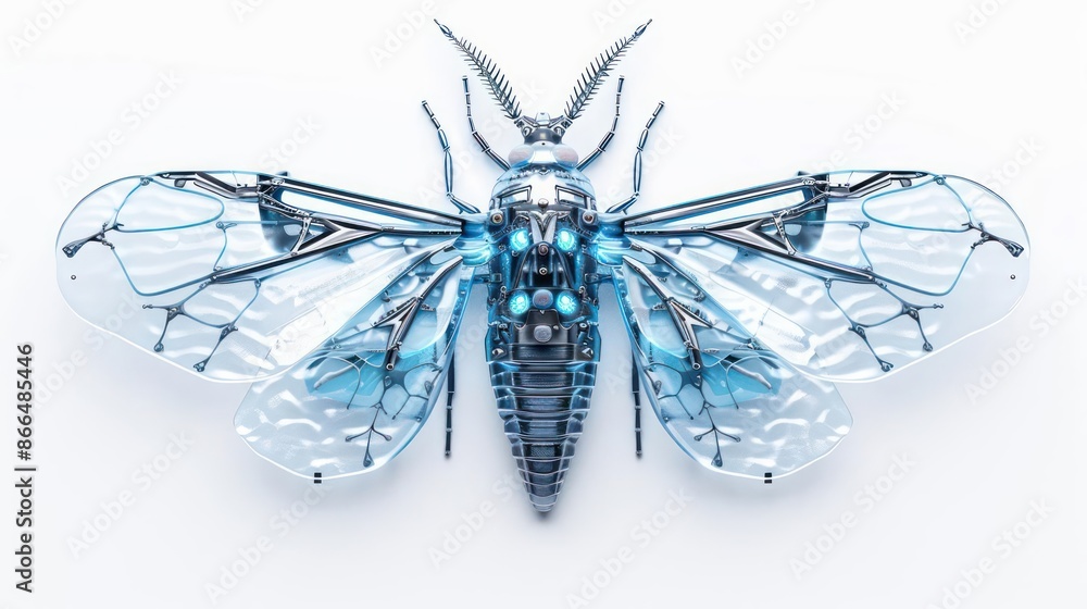A futuristic depiction of a cyber moth with glowing antennae and metallic wings, isolated on a white backdrop A futuristic depiction of a cyber moth with glowing antennae and metallic wings, isolated on a white backdrop