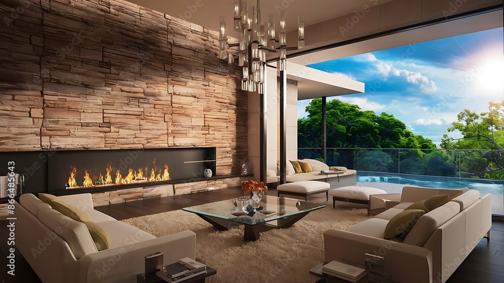 Beautiful modern living room interior with stone wall and fireplace in ...