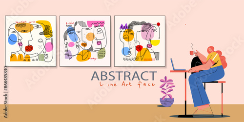 Set of abstract face portraits, shapes, doodle , decorative hand drawn vector illustration wall art. Cubism male and female portrait aesthetic design for poster, cover, decoration, home decor.