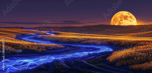 Under a vermilion moon, neon sapphire rivers carve paths across shimmering golden fields.