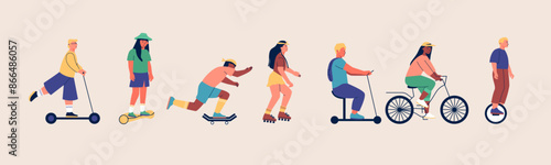Characters driving modern vehicles. Cartoon people on bicycle, scooter, skateboard, electric bike, urban means of transportation. Vector flat set