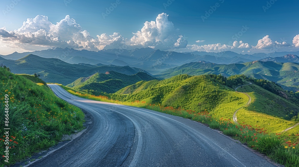 Empty asphalt highway winding through green mountain fields under a summer sky with fluffy clouds. Empty asphalt highway winding through green mountain fields under a summer sky with fluffy clouds.