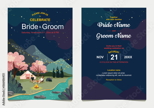 Evening camping, sky with stars, Forest camp poster with couple, Wedding invitation card. Vector banner with cartoon landscape with Sakura trees, campsite on green grass and mountains on background.