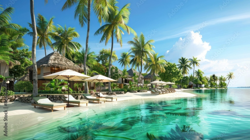 Idyllic Tropical Beach Paradise with Crystal Clear Water, Palm Trees, and Bungalows, Perfect Vacation Getaway Idyllic Tropical Beach Paradise with Crystal Clear Water, Palm Trees, and Bungalows, Perfect Vacation Getaway