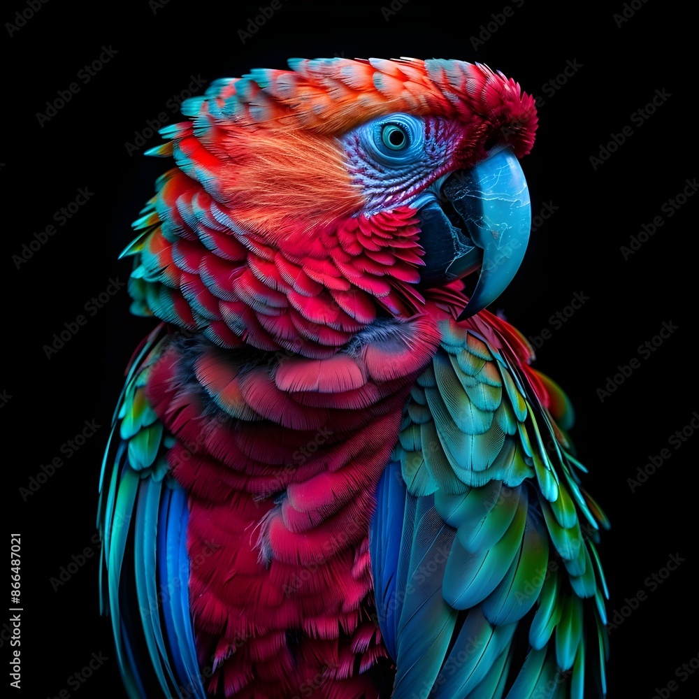 Obraz premium Vibrant Neon Parrot with Glowing Colorful Feathers on Black Isolated Background