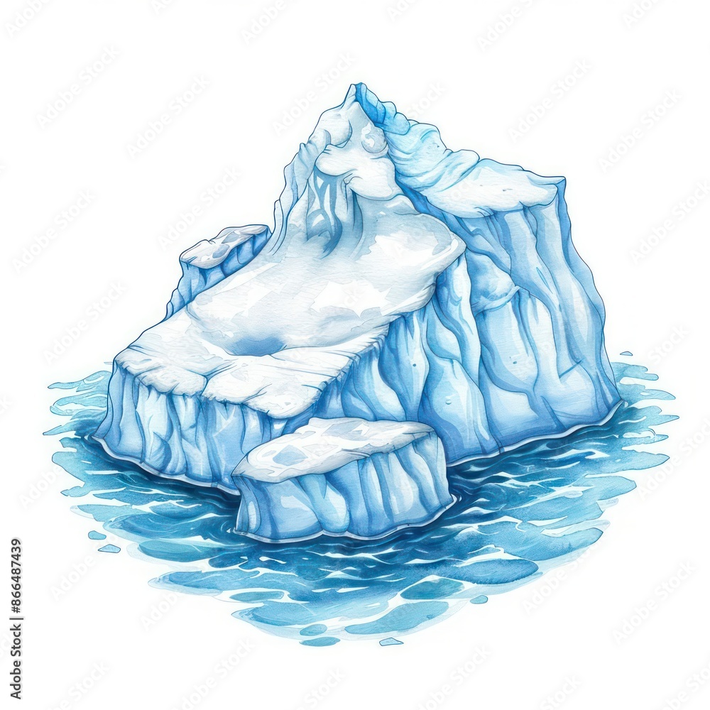 Fototapeta premium A watercolor clipart of a melting ice cap with rising water levels, illustrating climate change, isolated on a white background