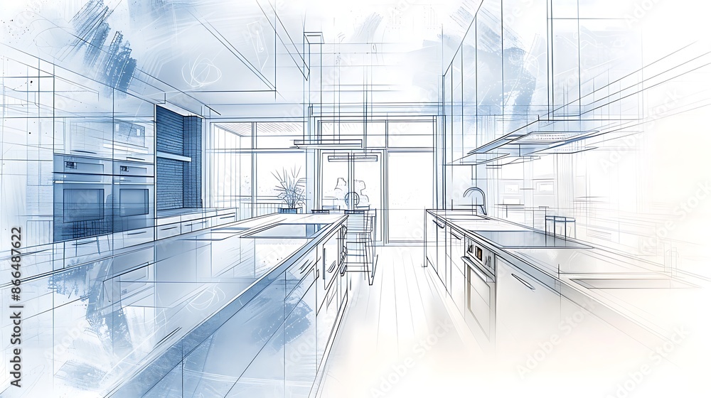 Obraz premium A detailed color pencil depiction of a futuristic smart home, with advanced appliances and digital interfaces Copy space for text, sharp focus and clear light, high clarity no grunge, splash, dust,