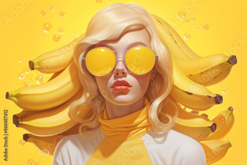 Portrait of a beautiful girl in stylish sunglasses on yellowl background with banana fruits.