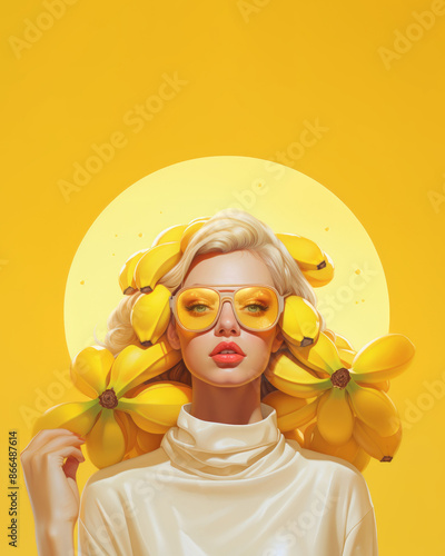 Beautiful girl in sunglasses on yellow background with banana fruits.
