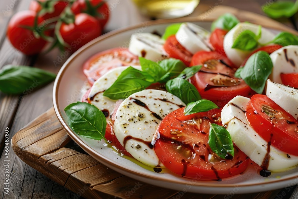 Delicious Caprese salad with ripe tomatoes, fresh mozzarella, basil, and balsamic glaze on a rustic wooden table. Perfect summer appetizer. Delicious Caprese salad with ripe tomatoes, fresh mozzarella, basil, and balsamic glaze on a rustic wooden table. Perfect summer appetizer.