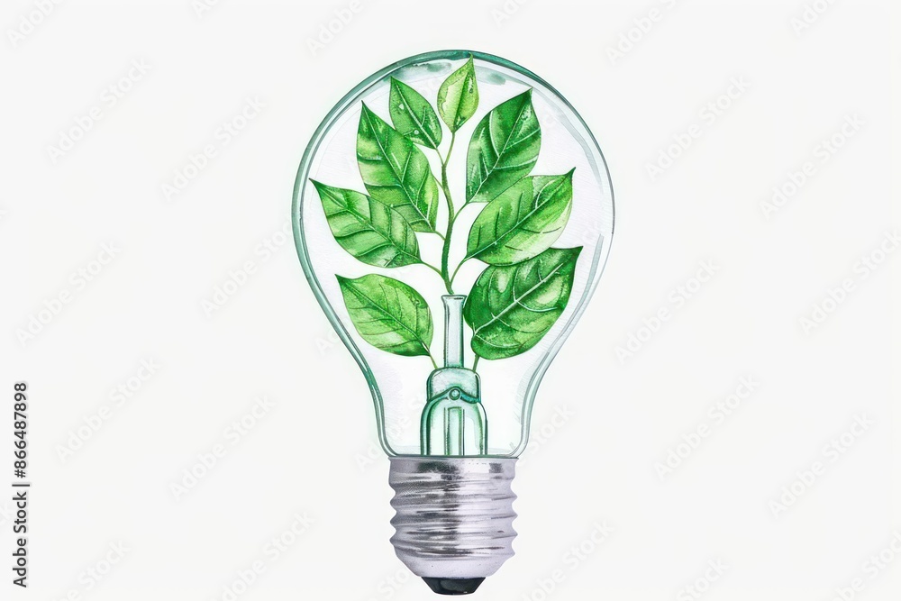 A watercolor image of a light bulb with green leaves inside, symbolizing clean energy, isolated on a white background A watercolor image of a light bulb with green leaves inside, symbolizing clean energy, isolated on a white background