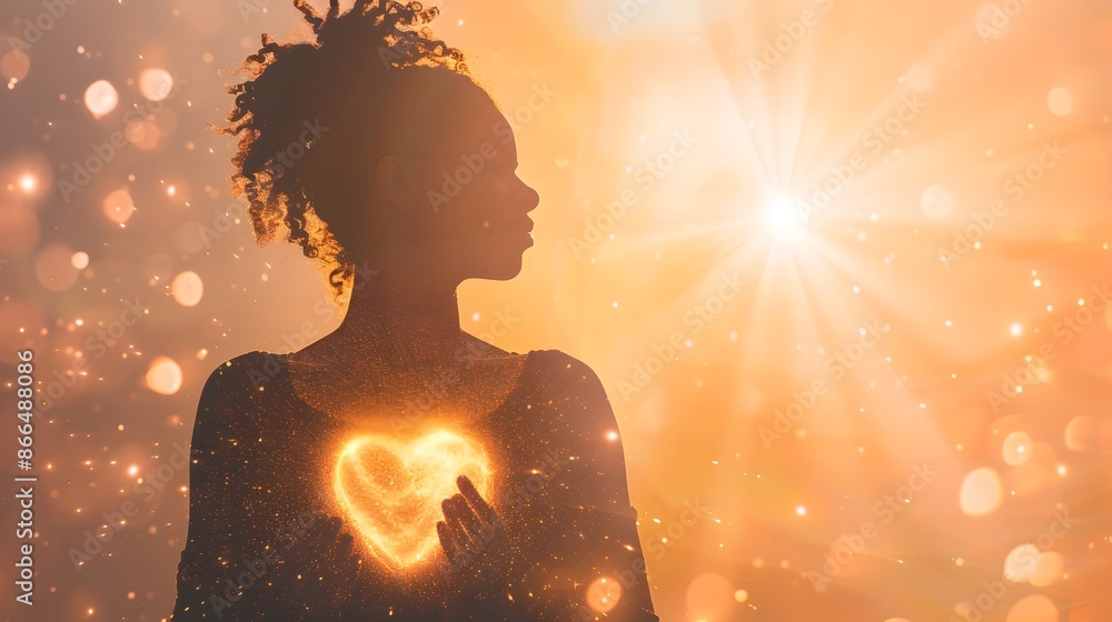 Silhouetted Figure with Radiant Heart and Halo of Light Symbolizing Organ Donation Impact Silhouetted Figure with Radiant Heart and Halo of Light Symbolizing Organ Donation Impact