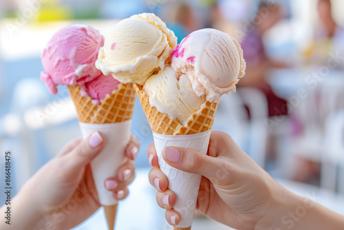 Woman's Hands Holding Ice Cream Cones Outdoors on a Sunny Day