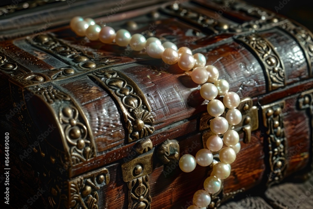 Closeup of a white pearl necklace draped over an ornate, antique wooden chest with intricate metal details Closeup of a white pearl necklace draped over an ornate, antique wooden chest with intricate metal details