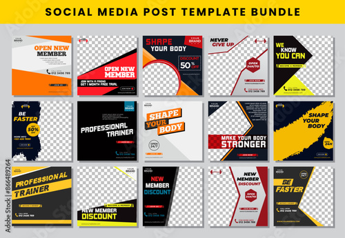 gym social media post design template Bundle set