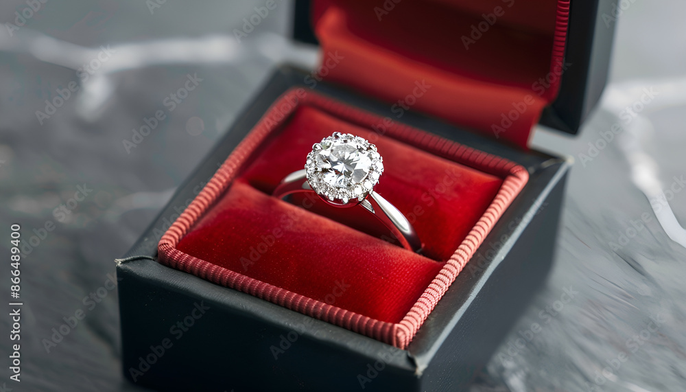 Diamond engagement ring in red box on grey background. Wedding proposal and happiness concept Diamond engagement ring in red box on grey background. Wedding proposal and happiness concept