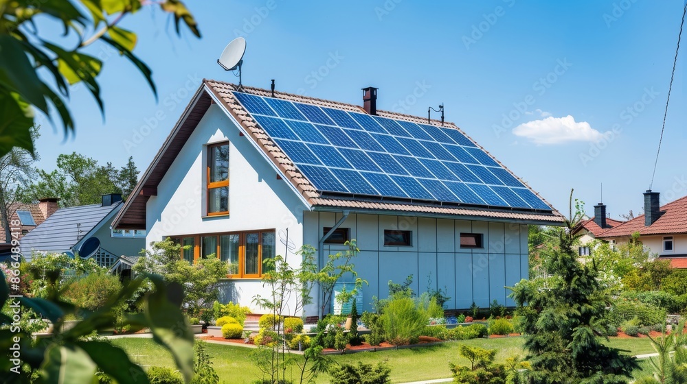 Modern House with Solar Panels on Roof, Surrounded by Greenery and Clear Sky Modern House with Solar Panels on Roof, Surrounded by Greenery and Clear Sky