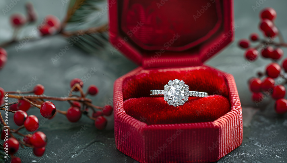 Diamond engagement ring in red box on grey background. Wedding proposal and happiness concept Diamond engagement ring in red box on grey background. Wedding proposal and happiness concept