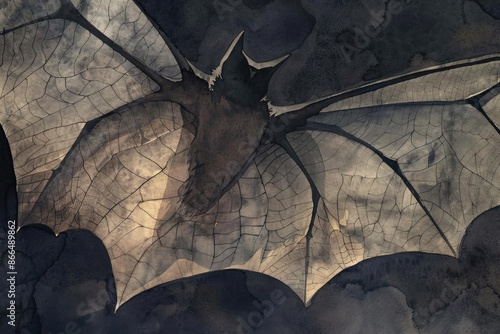 A dark and eerie illustration of a bat with outstretched wings against a textured background, capturing a gothic and mysterious atmosphere. photo