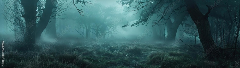 Eerie misty forest scene with dense fog and dark trees, creating a mysterious and haunting atmosphere, perfect for fantasy and spooky themes. Eerie misty forest scene with dense fog and dark trees, creating a mysterious and haunting atmosphere, perfect for fantasy and spooky themes.