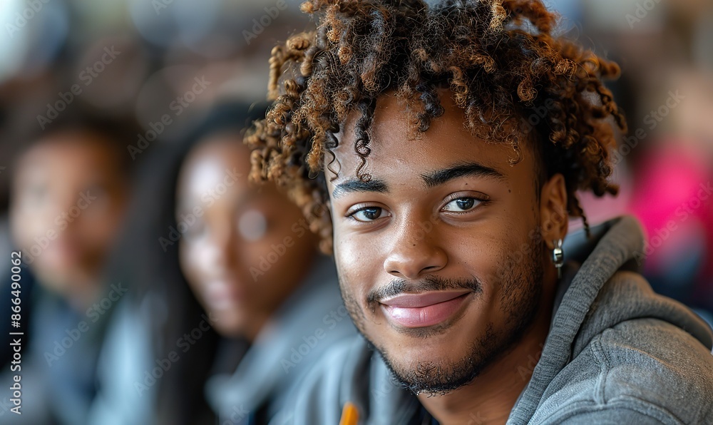 Happy African American male student smiles to the camera in class with university colleagues. New college student studies in class. Happy African American male student smiles to the camera in class with university colleagues. New college student studies in class.