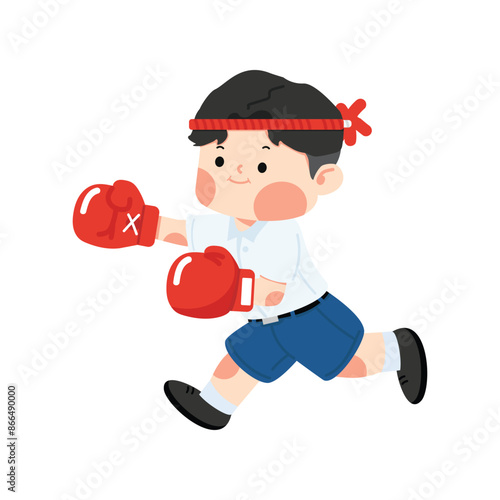 Cute boy student boxer wearing boxing gloves