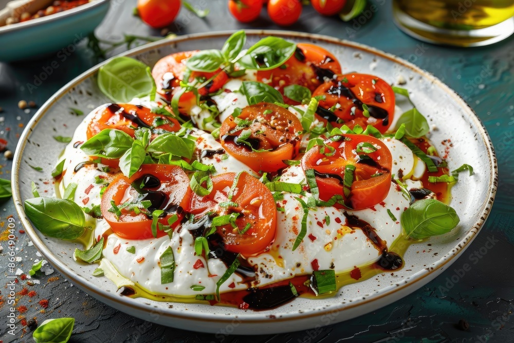 Delicious Caprese salad with fresh tomatoes, mozzarella, basil leaves, and balsamic glaze on a white plate, perfect for a healthy meal. Delicious Caprese salad with fresh tomatoes, mozzarella, basil leaves, and balsamic glaze on a white plate, perfect for a healthy meal.