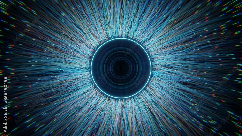 3D rendering digital eye with vibrant light streaks symbolizing data flow and technology. Ideal for tech and futuristic themes
