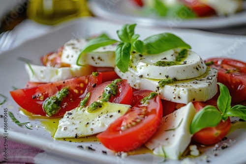 Fresh Caprese salad with ripe tomatoes, mozzarella cheese, basil, and pesto dressing beautifully plated on a white dish.
