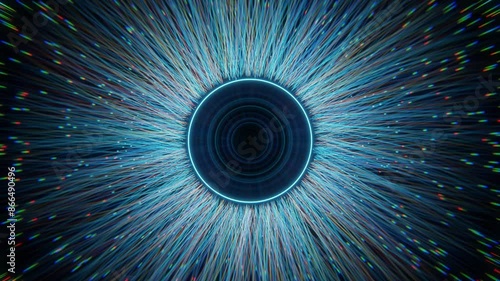 3D rendering digital eye with vibrant light streaks symbolizing data flow and technology. Ideal for tech and futuristic themes