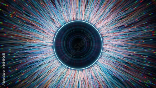 3D rendering digital eye with vibrant light streaks symbolizing data flow and technology. Ideal for tech and futuristic themes