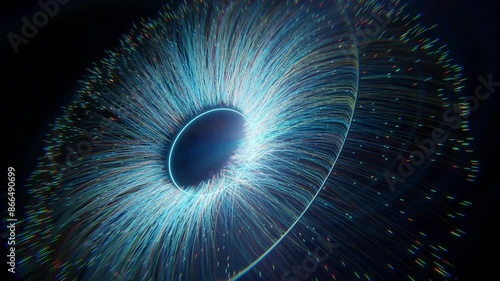 3D rendering abstract digital eye concept with radiating light and particles in motion, emphasizing futuristic themes