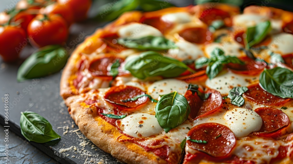 Close-Up of Freshly Baked Pepperoni Pizza with Mozzarella and Basil Close-Up of Freshly Baked Pepperoni Pizza with Mozzarella and Basil