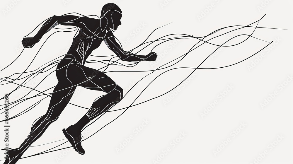 Abstract art of a runner depicted with stark black lines that illustrate motion and speed, set against a minimalistic white background Abstract art of a runner depicted with stark black lines that illustrate motion and speed, set against a minimalistic white background