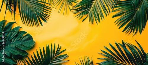 Top view of green palm leaves on yellow background with copy space. Wide layout representing summer getaway, tourism, or style theme.