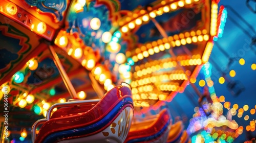 Brightly lit colorful carousel ride at a carnival or amusement park at night. Concept of fun, entertainment, childhood, and celebration.