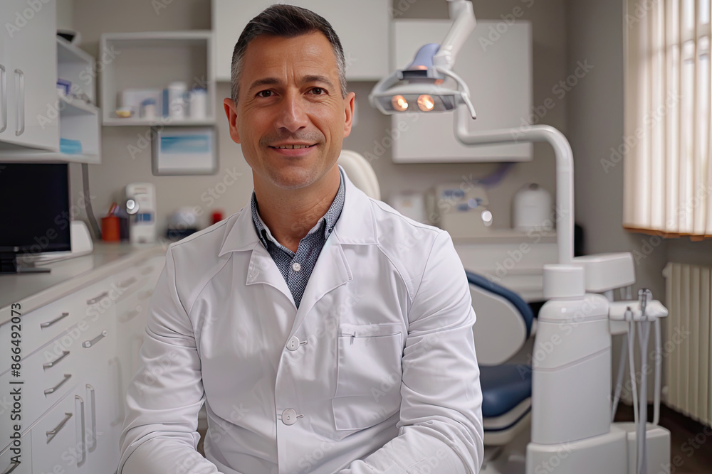 Smiling Dentist in Modern Clinic - Professional Healthcare Setting, Dentistry, Medical Office Smiling Dentist in Modern Clinic - Professional Healthcare Setting, Dentistry, Medical Office