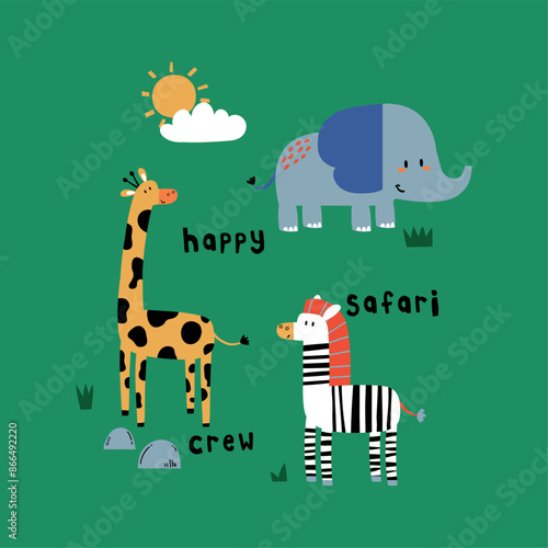 textile print design with cute giraffe, zebra and elephant drawing as vector