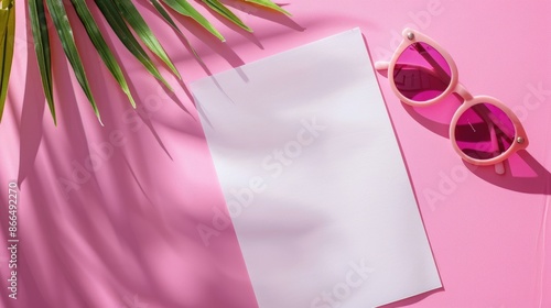 Minimalist summer background with white paper and sunglasses on pink backdrop