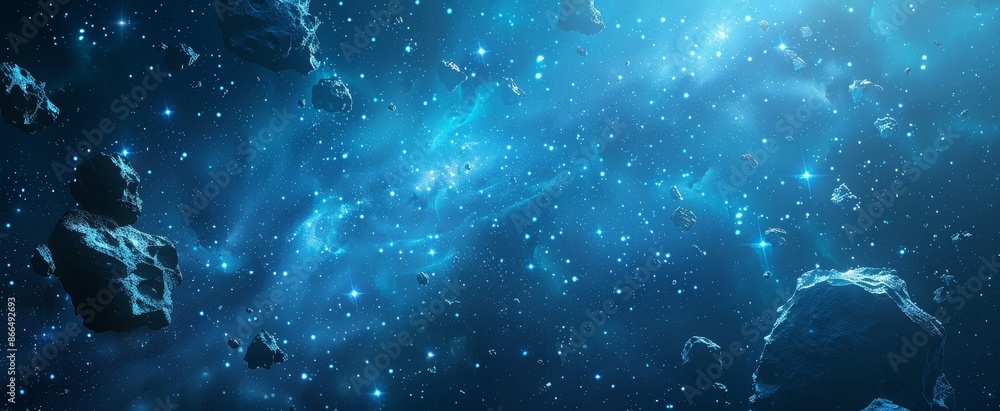 Fototapeta premium Cosmic Debris Drifting Through Interstellar Space - Futuristic Background with Copyspace for Text