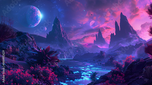An alien planet with a vibrant and exotic landscape filled with bioluminescent flora and fauna.