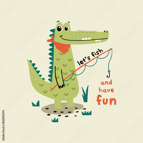 tee print design with cute fisherman alligator drawing as vector