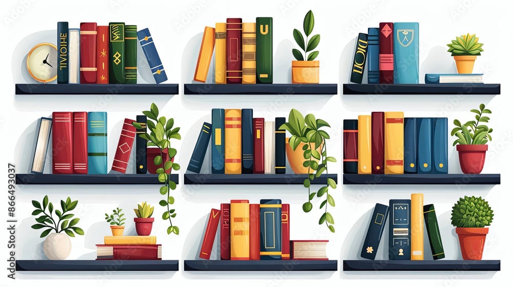 Book rows, stacks on shelves set. Kids literature spines, school textbooks and plants on bookcase, bookshelf. Home library. Colored flat graphic vector illustrations isolated on white background Book rows, stacks on shelves set. Kids literature spines, school textbooks and plants on bookcase, bookshelf. Home library. Colored flat graphic vector illustrations isolated on white background