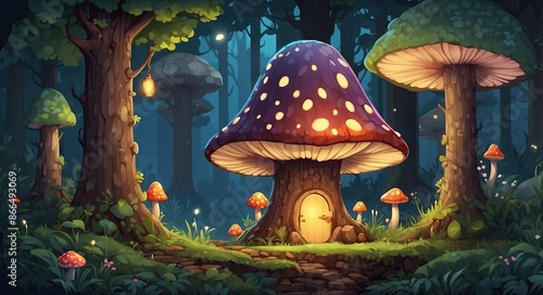 Illustration of magic mushrooms in the forest, fairy tale style