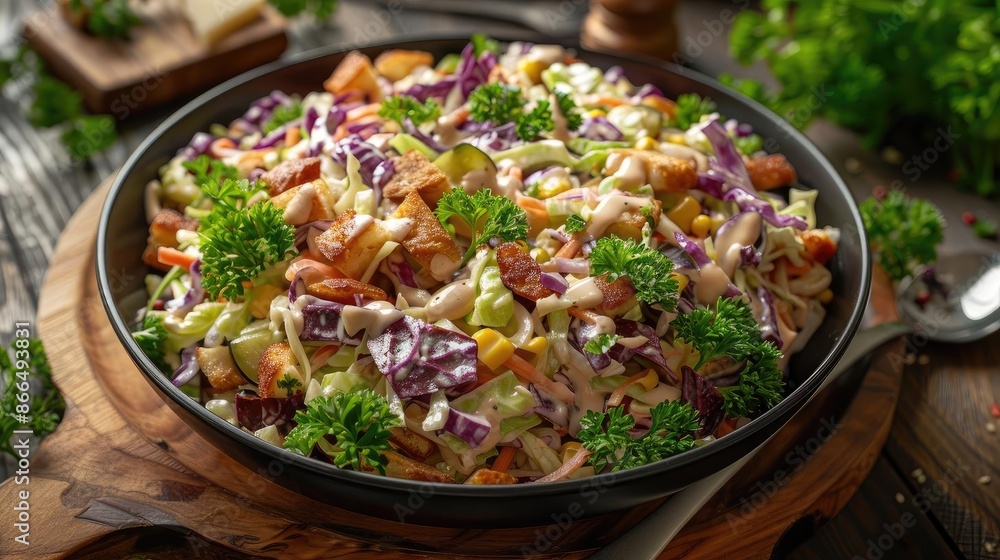 Fresh and colorful vegetable coleslaw served in a black bowl, garnished with parsley, perfect for a healthy meal or side dish. Fresh and colorful vegetable coleslaw served in a black bowl, garnished with parsley, perfect for a healthy meal or side dish.