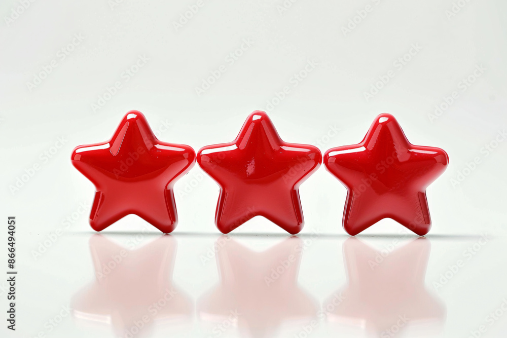 Three red stars in a row on a reflective surface with a light gray background Three red stars in a row on a reflective surface with a light gray background