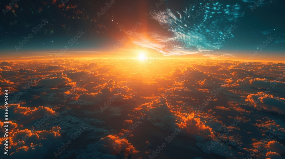 A beautiful, colorful sky with a sun rising in the distance A beautiful, colorful sky with a sun rising in the distance