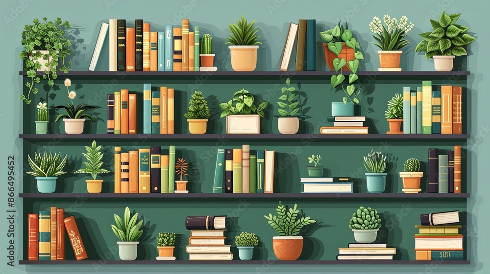 Book rows, stacks on shelves set. Kids literature spines, school textbooks and plants on bookcase, bookshelf. Home library. Colored flat graphic vector illustrations isolated on white background Book rows, stacks on shelves set. Kids literature spines, school textbooks and plants on bookcase, bookshelf. Home library. Colored flat graphic vector illustrations isolated on white background