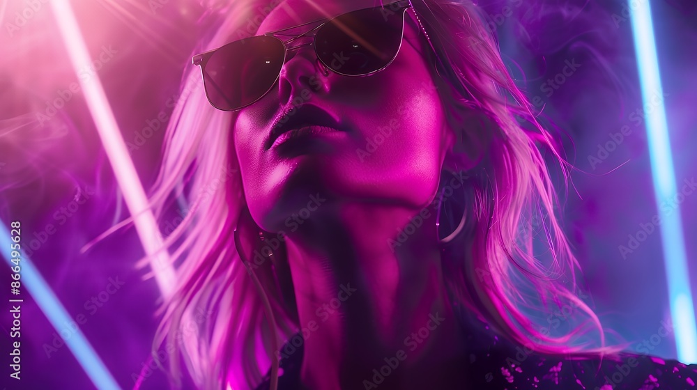 Fototapeta premium A blonde woman wearing sunglasses dancing in the nightclub, laser lights shining on her face, low angle shot, violet and pink neon light, hyper realistic photography